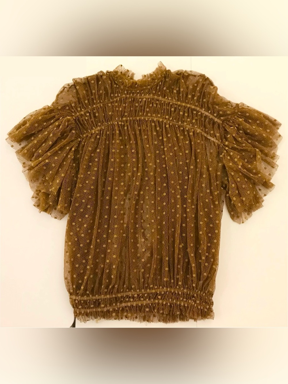 Free People Disco Ball Lace Flutter Sleeve Gold Mesh Top Large Boho Earth Tone